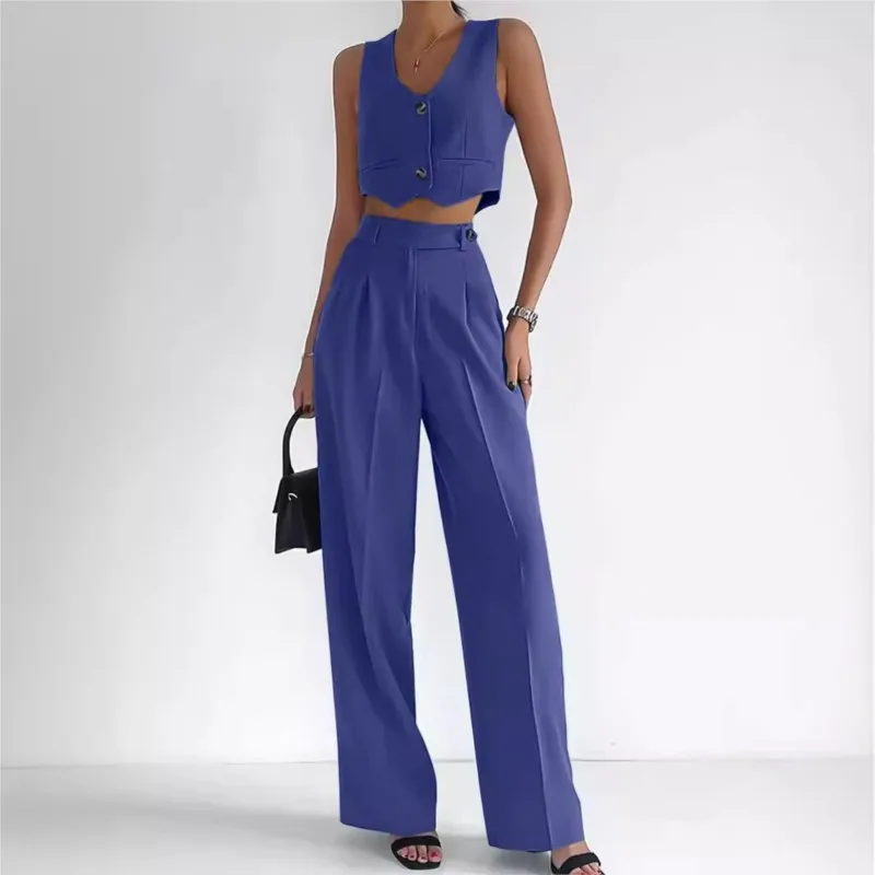 Elegant Two Piece Sets for Women Summer Buttoned Vest High Waist Wide Straight Leg Pants Set Office Lady Commuting Streetwear