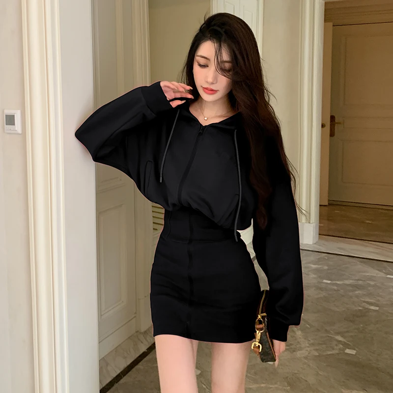 Korean Fashion Cat Ear Hooded Hoodie Dress Women Autumn Winter Long Sleeve Mini Dress Kawaii Bodycon Party Dress Vestidos