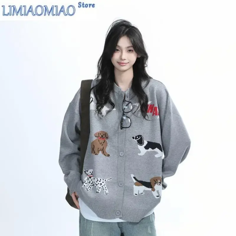 

Vintage Grey Knitted Cardigan Autumn Winter Jacket Women Cartoon Cute Puppy Lazy Coat Sweater Long Sleeve Button Tops Streetwear