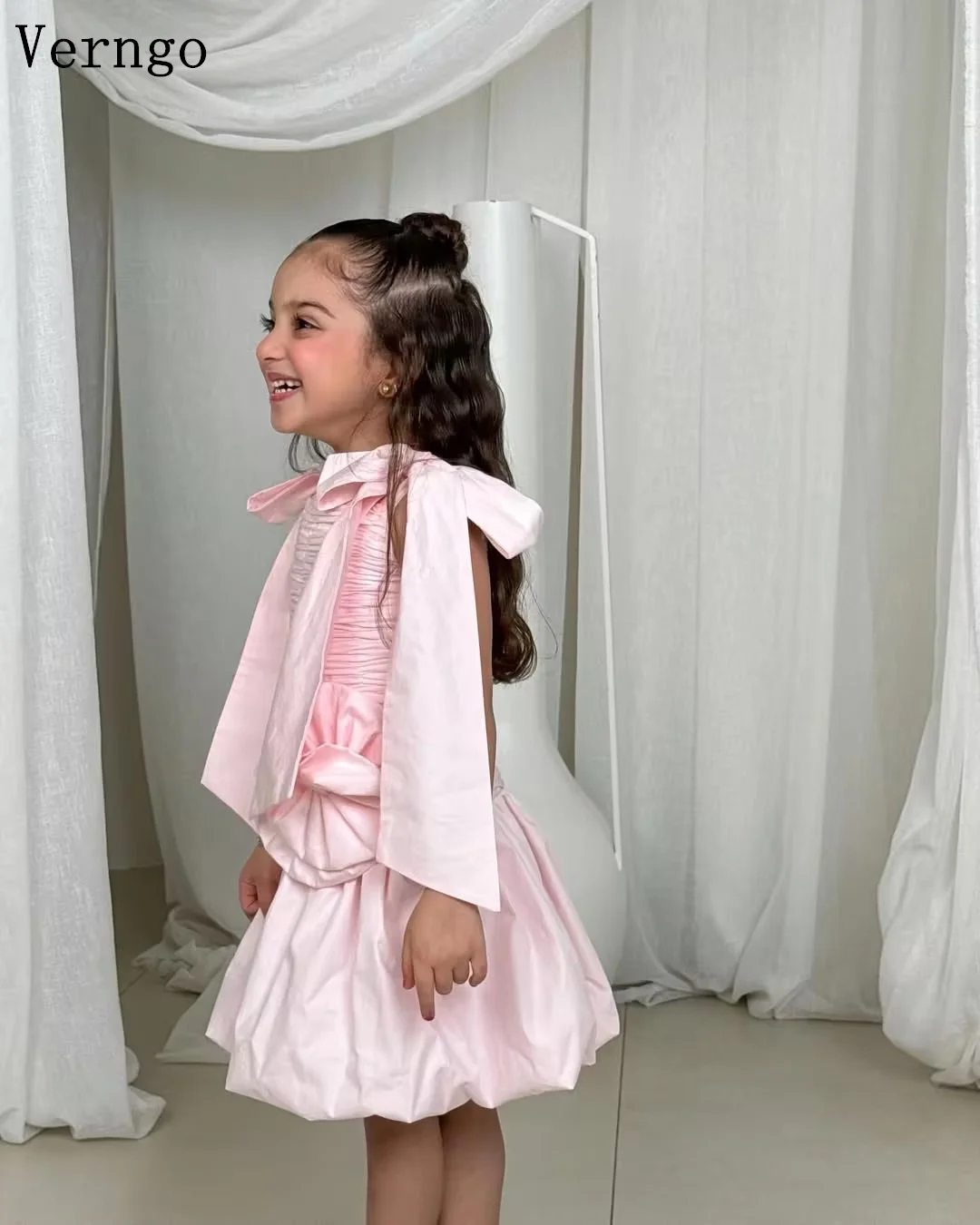 Verngo Pink Crepe Girl Flower Dress Bow O Neck Sleevelss A Line Lace Up Birthday Party Dress Celebrity Kid Dress Eid Customized