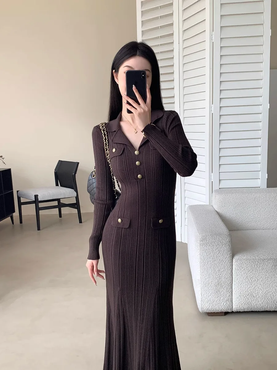 

Vintage Ruffled Cooffe Brown Long Sleeve Knit Dress Women Spring Autumn Turn-down Collar Sweater Dress Fashion Bottoming dreses