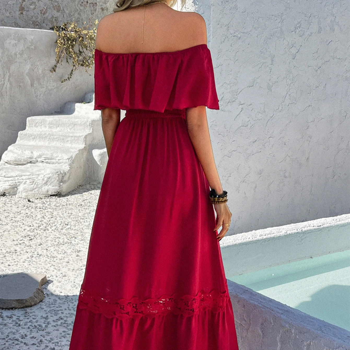

Elegant Women's Off Shoulder Summer Casual Long Dress Boho Short Sleeved Beach Sundress Sexy Evening Party Laides Maxi Dresses