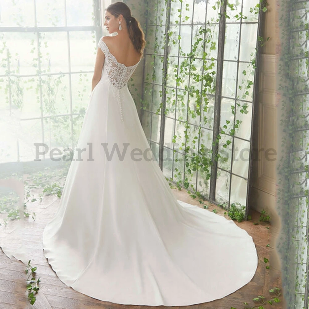 Pmwrun Elegante Trouwjurk Uit De Schouder Applicaties Simple Bodem Op Back Brush Trein Bridal Kerk Formele Trouwen Gown