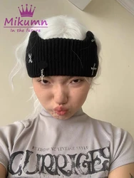 Harajuku Gothic Cat Ear dzianinowa opaska na głowę kobiety Y2k Grunge zimowy ciepły Headwrap dziewczyny Punk elastyczne nakrycia głowy akcesoria do włosów