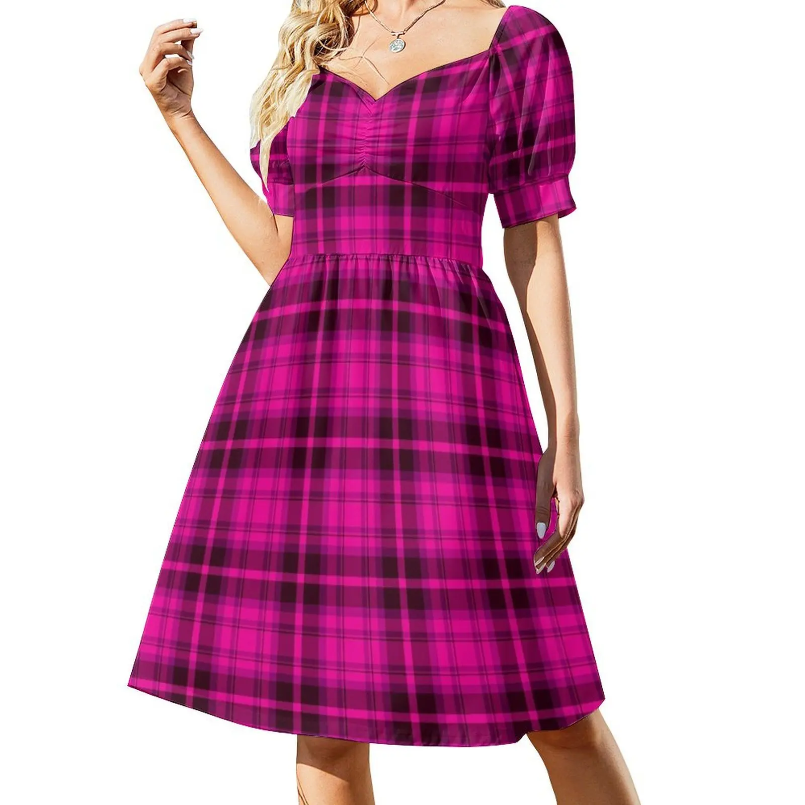 

Shocking Pink Tartan Plaid Pattern Short Sleeved Dress Casual dresses chic and elegant woman dress Dress