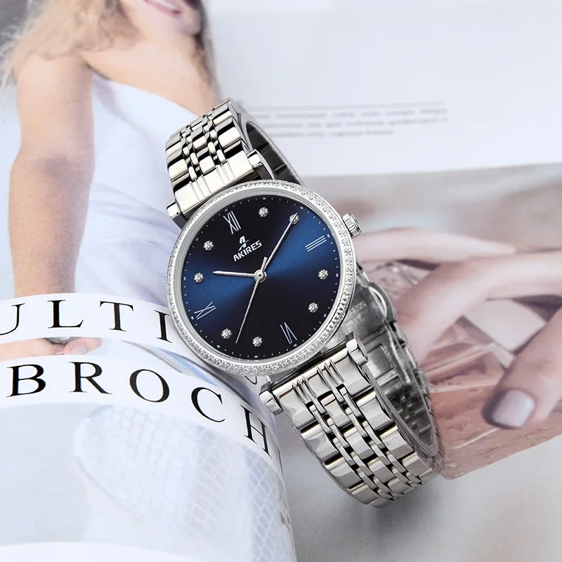 Vintage Watch Dial Ladies Watch Blue Stainless Steel Ronda Movement Diamond quartz watch for women