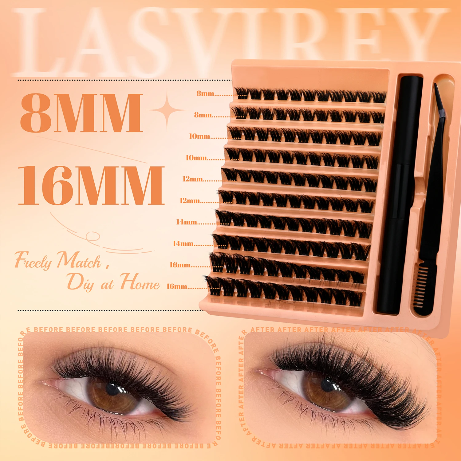 Lasvirey DIY Wimpers Extension Kit Pluizige Lash Clusters Set Individuele Wimpers Met Bond & Seal en Lash Pincet Make-up Thuis