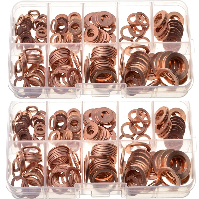 

200Pcs Copper Washer Gasket Nut and Bolt Set Flat Ring Seal Assortment Kit with Box //M8/M10/M12/M14 for Sump Plugs