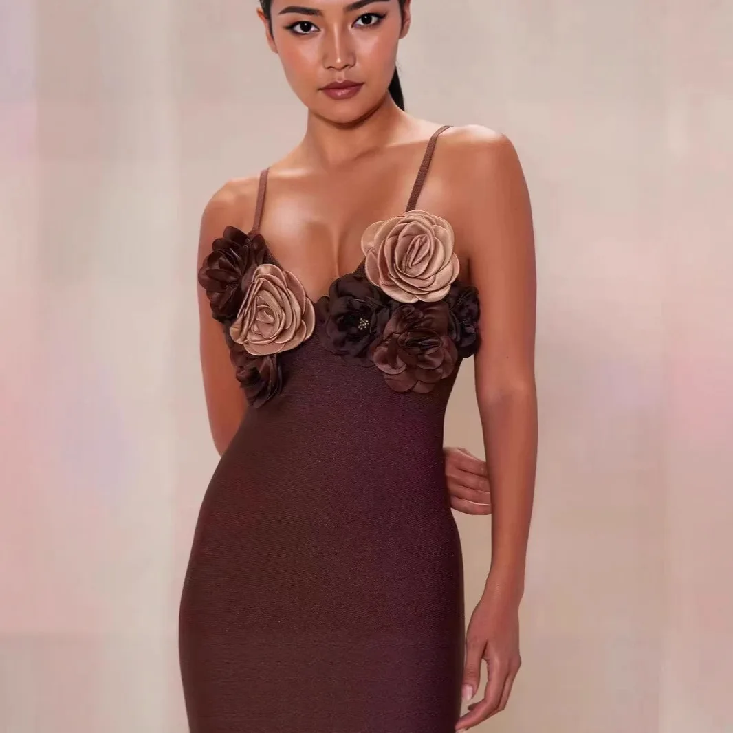

2025 New Fashion Suspender Three-dimensional Flower Slim-fit Socialite Style Bandage Women's Dress Sexy Women's Clothing