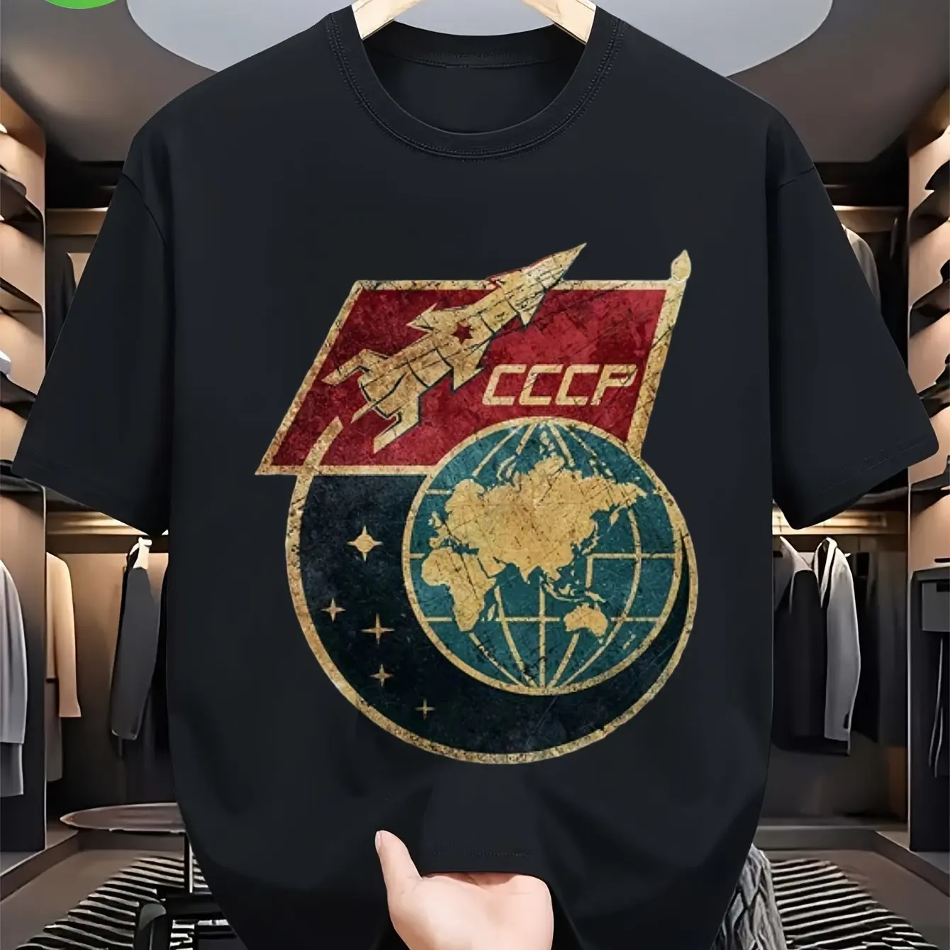 193_CCCP Original Russian Space Soviet Union Themed Men's T-Shirt Vintage Space Graphic Cotton Short Sleeve Hammer Sickle Design