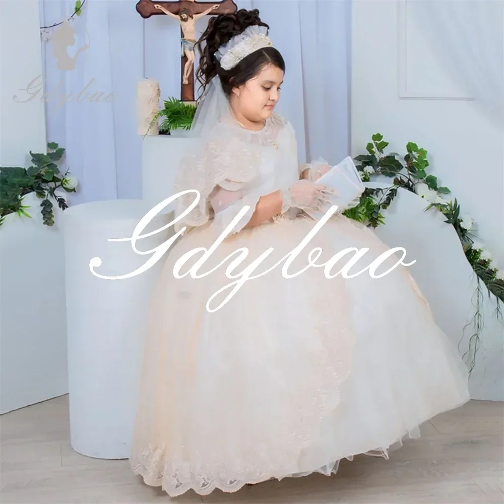 Luxury Princess Applique Short Sleeve A Line Long Ball Flower Girl Dress Floor Length Formal First Communion Gown Customized