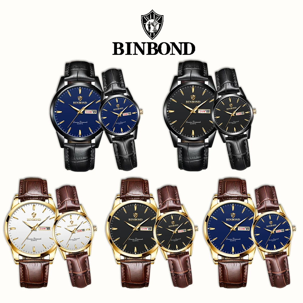 BINBOND Couple Watches Trend Simple Original Quartz Wristwatch Waterproof Luminous Date Week His and Her Watch Fashion Reloj New