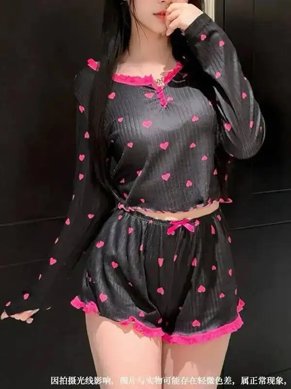 2025 신상 여성 섹시 반바지 세트, 하트 프린트 패턴 리본 장식 긴팔 홈웨어 캐주얼 파자마 세트 E897