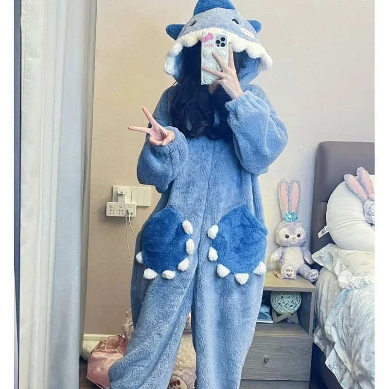 Cute Shark Hooded Coral Velvet Pajamas For Women Autumn/Winter Collection With Thick Velvet For Warmth Can Be Wearing Externally