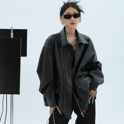 Oversized Casual Waterproof Outwear for Women, Soft PU Leather Jacket, Drop Shoulder, Long Sleeve, Black, Fashion, Autumn, 2024