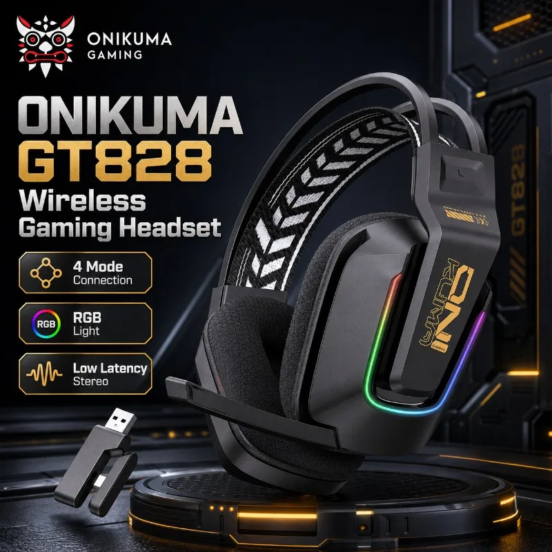 ONIKUMA GT828 Gaming Headset Tri Mode Wireless Bluetooth 5.3 2.4G RGB 55H Battery Low Latency Stereo Headphones with Mic for PC