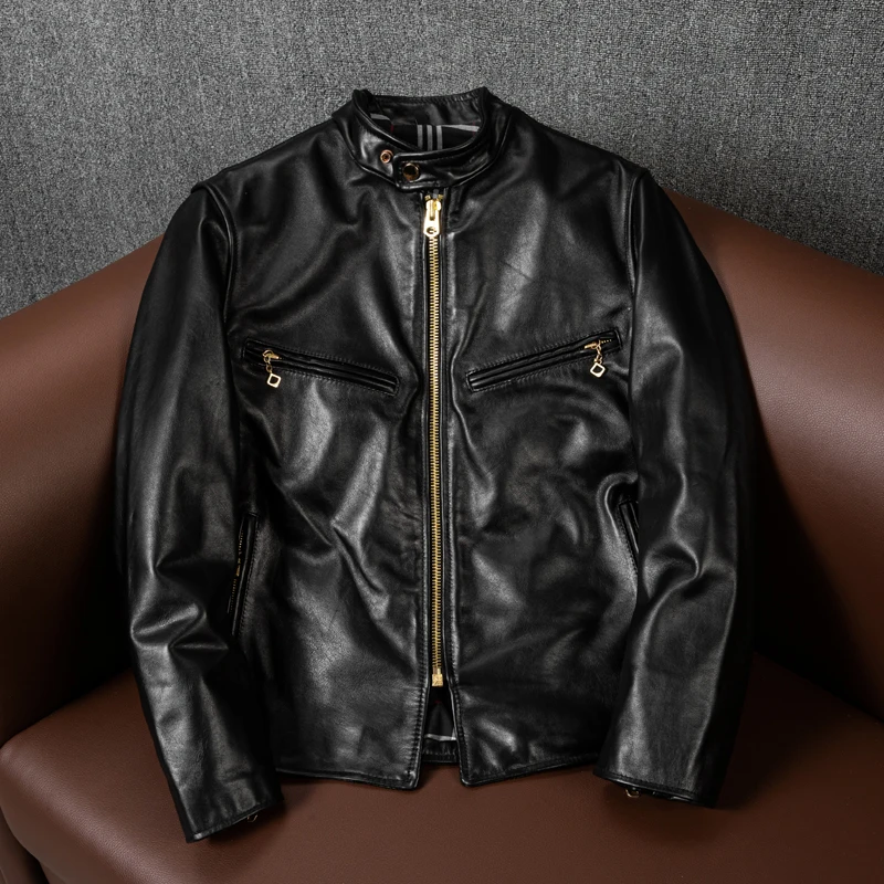 

YR!Free shipping.plus quality short classic J100 moto biker real leather jacket.men black slim rider tea core horsehide coat.