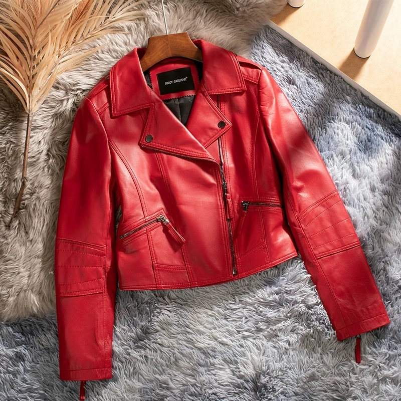2025 New Red Real Leather Jacket for Women Fashion Short Genuine Sheepskin Female First Layer Leather Slim Fit Biker Jacket Tops
