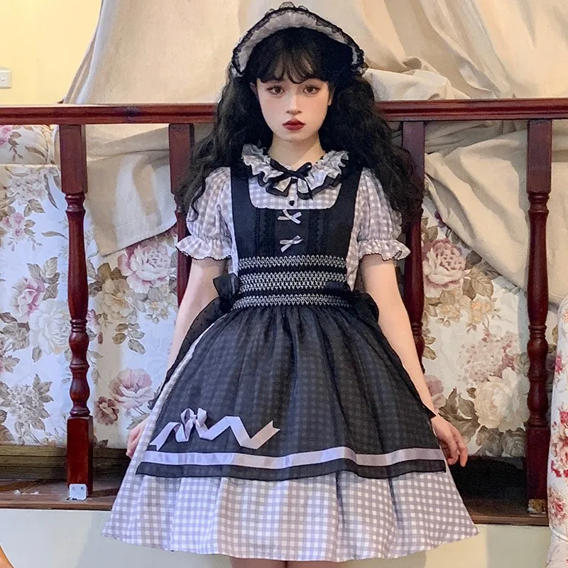 

Vintage Cute Dress Cosplay Lolita Girl Op Double Doll Collar Bow Puff Sleeves Plaid Ruffled Mesh Apron Lace Dress