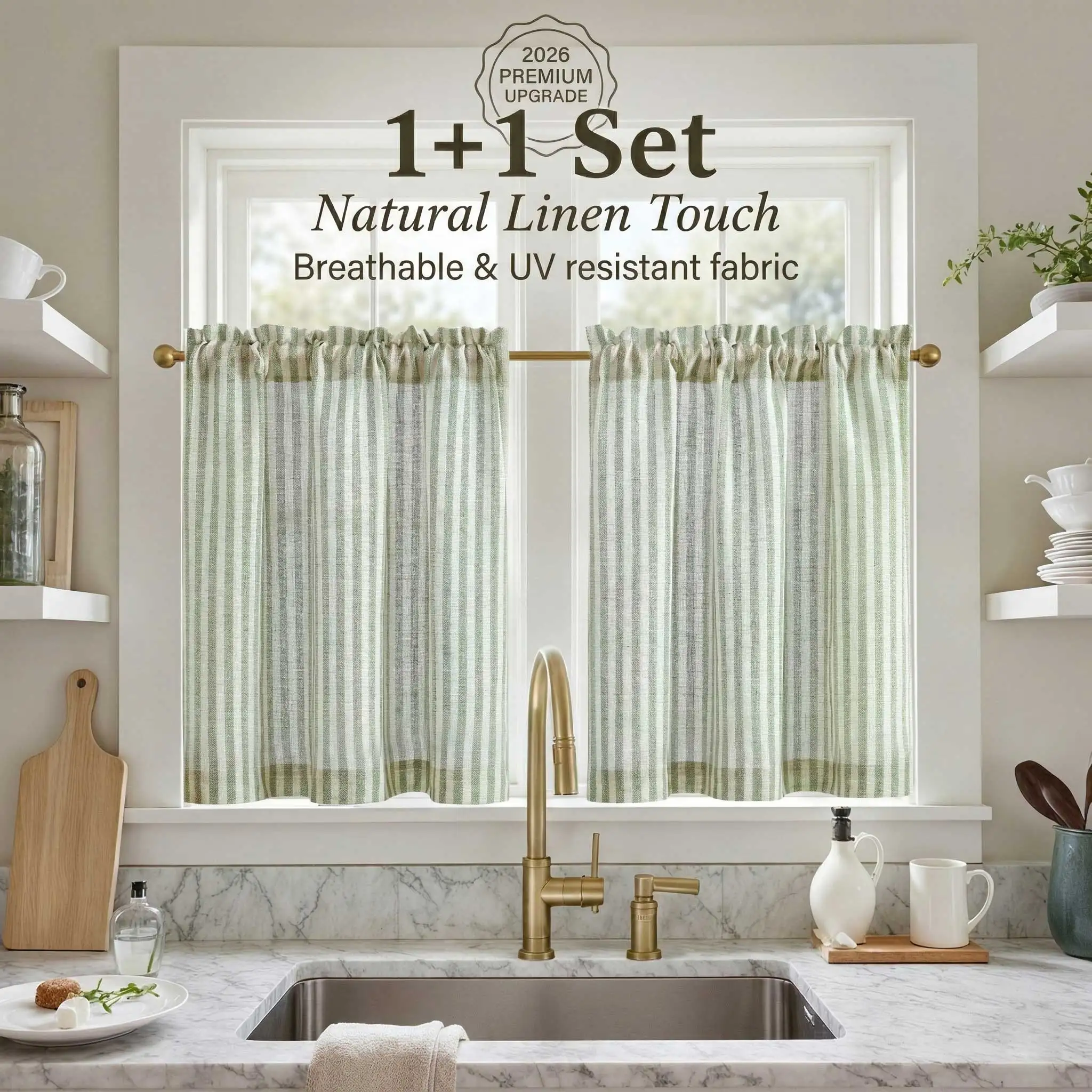 Rideaux de café rayés aspect lin Jinchan, avec passe-tringle, pour cuisine style ferme, stock limité - Meilleure vente en AU/ES