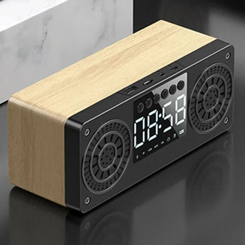 

New A10 Bluetooth Speaker Clock Wireless Desktop Soundbox USB Card Insertion Subwoofer Gift Home Use Wood Material MP3