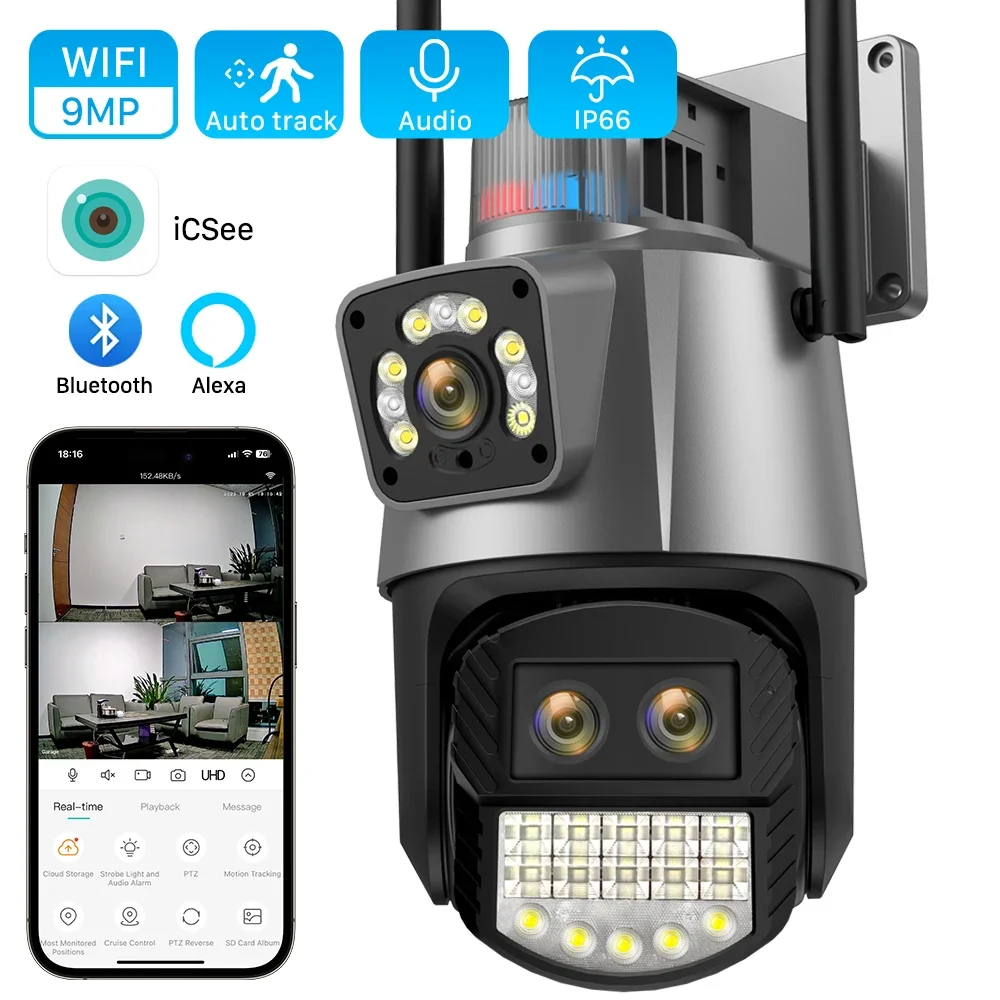 camera de vigilancia por video cctv lente tripla tela dupla cor visao noturna wifi ip exterior zoom 8x 5k hd 9mp 01