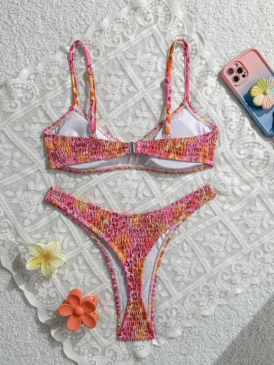 

Womens Floral Smocked Bikini Set Halter Strap Beach Swimwear