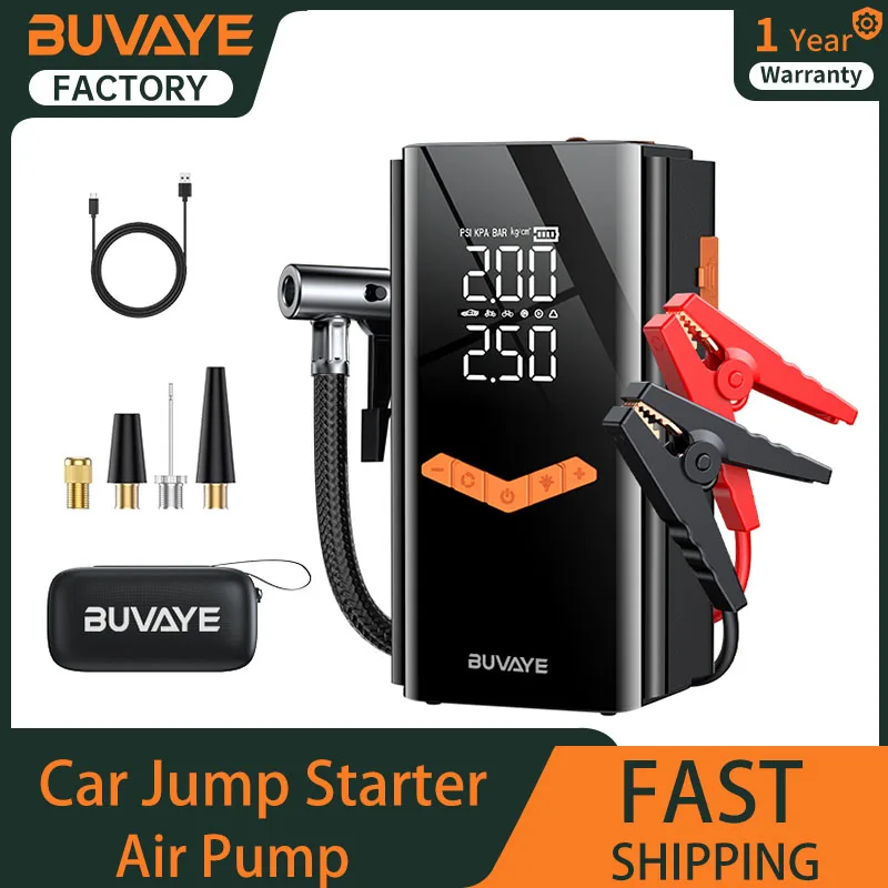 Arrancador de Coches 4 en 1 BUVAYE con Inflador de Neumáticos de 150 PSI, Bomba de Aire, Batería Portátil para Coche, Banco de Energía para Vehículos de 12V Gasolina/Diésel