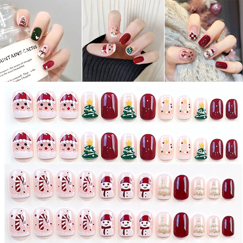 Nuevas uñas postizas navideñas, uñas postizas cuadradas cortas de cobertura completa, puntas de uñas artificiales, decoración artística de manicura usable, 24 unids/pack