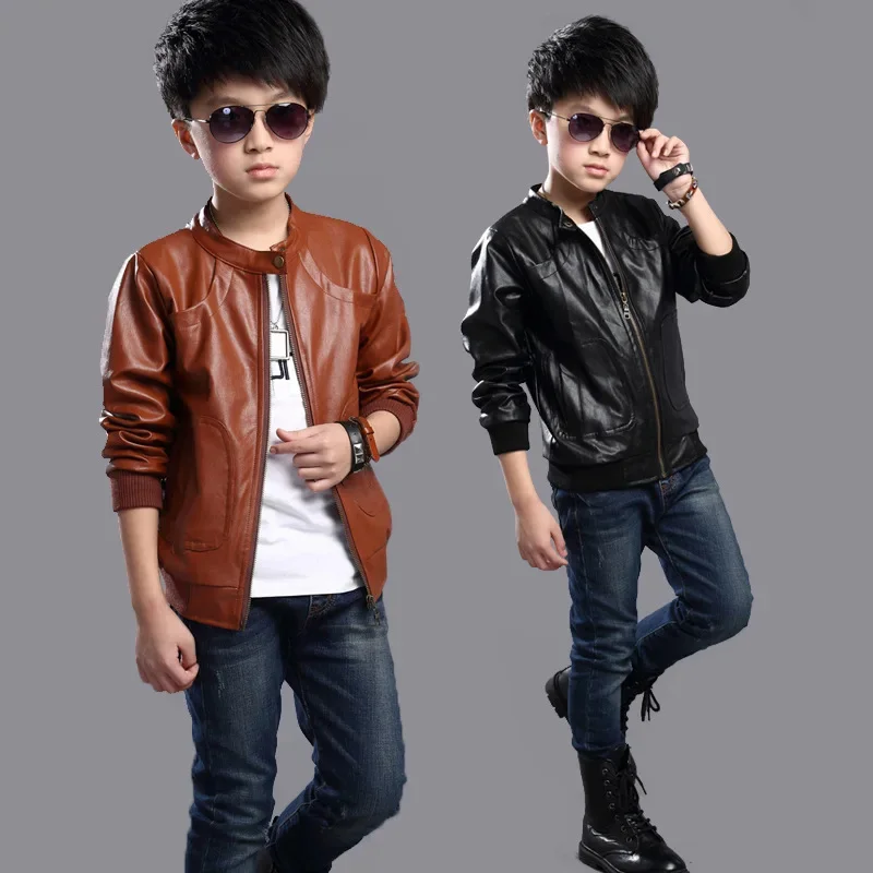 Fashion Spring Autumn Baby and Boys Motorcycle Leather Zip Jackets Child Coat Tops Children Outerwear School Kids Outfit 3-15Yrs