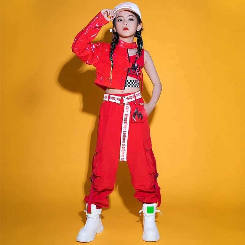 2021 Jazz Costume Girls Hip Hop Dance Clothes Cool Leather Tops Overalls Pants Red Stage Performance Outfit For Kids Wear BL5891