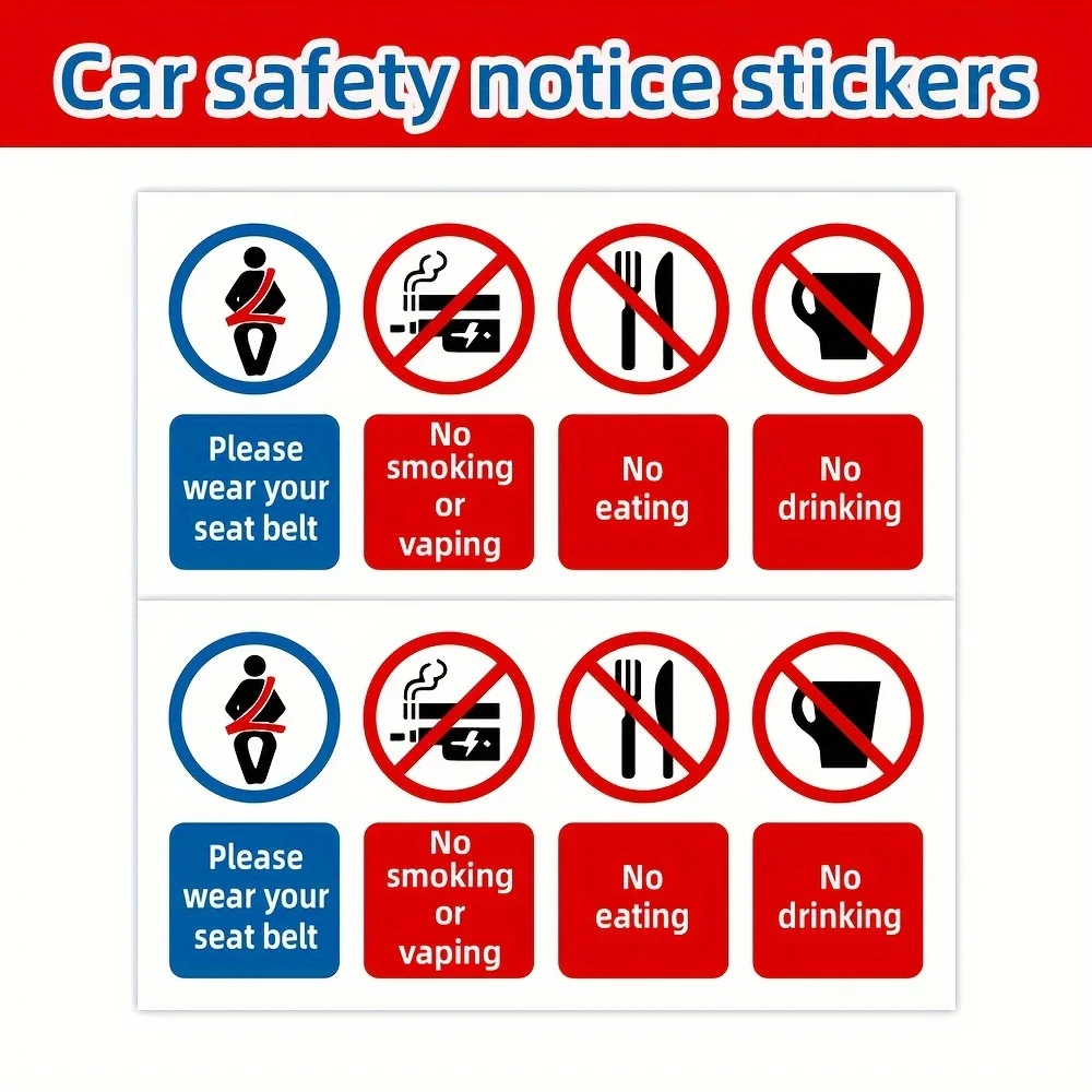 No Smoking Drinking Eating Car Safety Sticker Set 2pcs Matte PVC Seat Belt Reminder Decal Auto Rental Vehicle Label