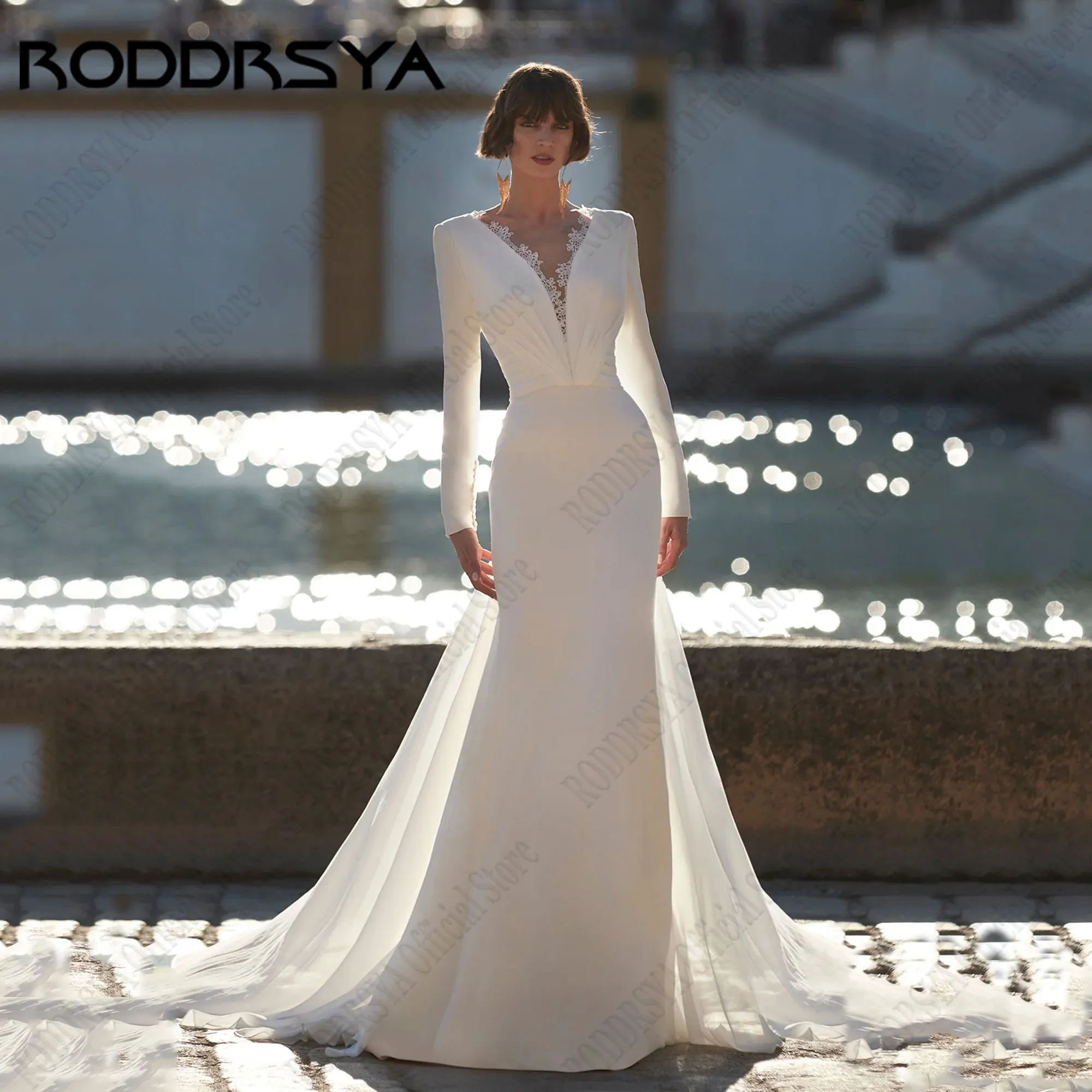 

RODDRSYA Long Sleeve Mermaid Wedding Dress For Bride Backless V-Neck Appliques Lace Gown Satin vestidos de novia 2025 Customized