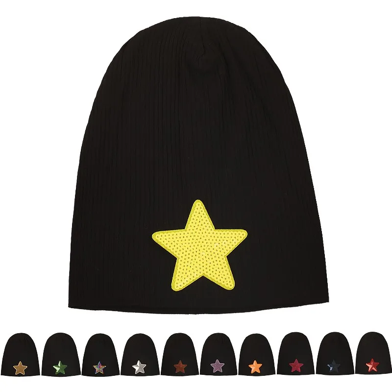 Women Soft Cotton Ribbed Stars Beanies Spring Autumn Knitted Baggy Beanie Skullies Cap Casual Bonnet Wide Hats