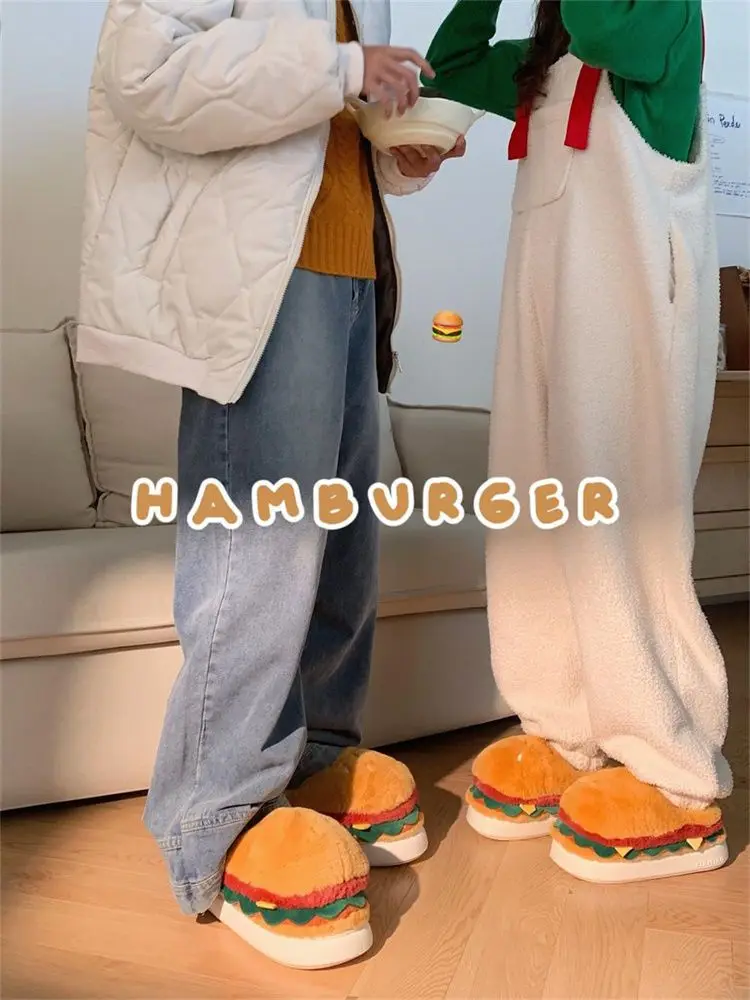 New fun hamburger slippers women man winter fluffy room warm shoes fur slides fuzzy indoor half shoes Easter bread slipper 44 45