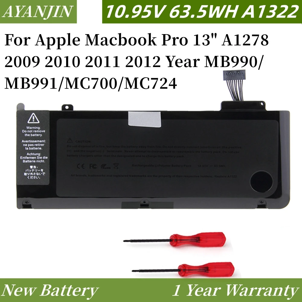 

New 10.95V 63.5Wh Laptop A1322 Battery For Apple Macbook Pro 13" A1278 2009 2010 2011 2012 Year MB990/MB991/MC700/MC724