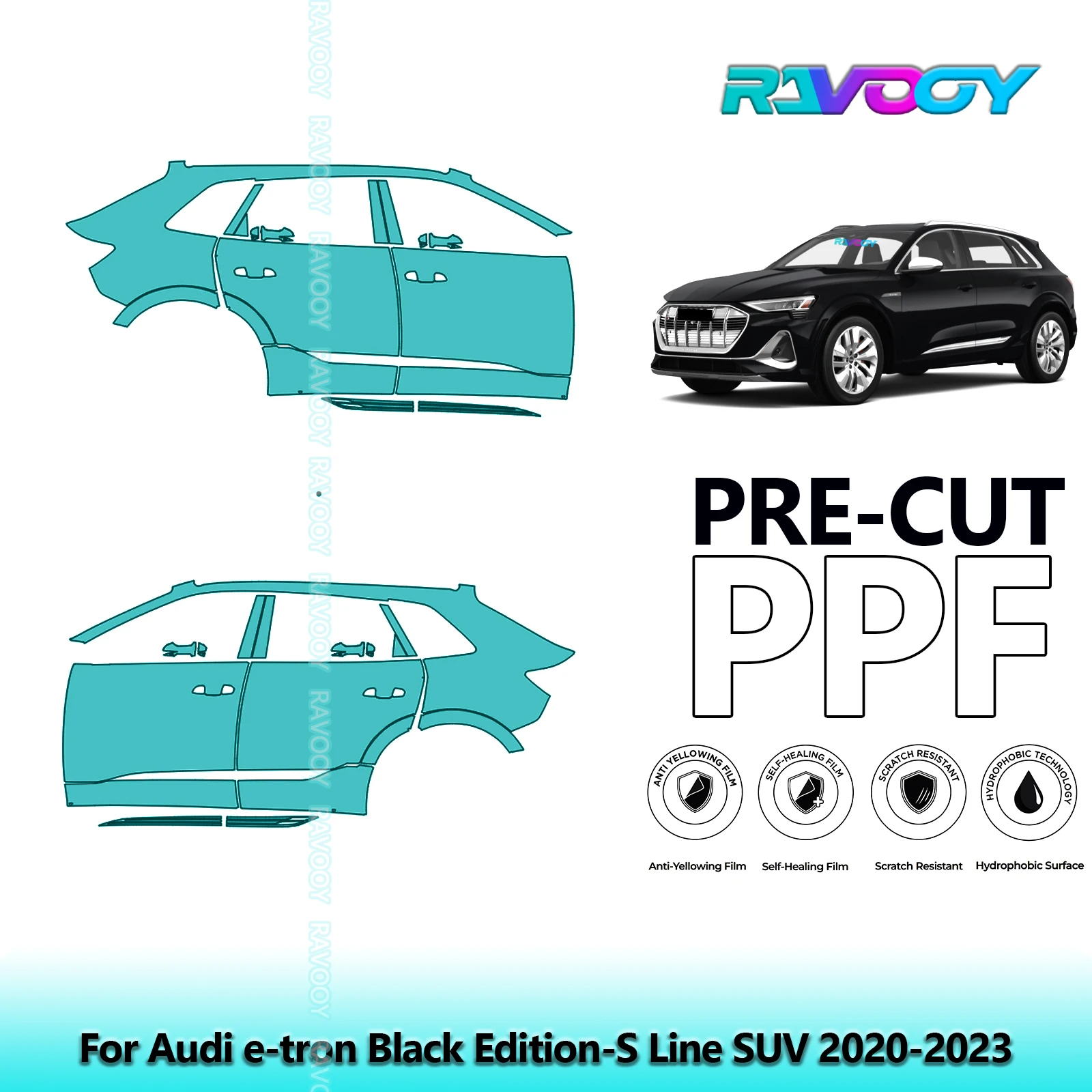 

For Audi e-tron Black Edition-S Line SUV 2020-2023 8.5mil Pre-Cut PPF Door & A/B Pillar Kit TPU Paint Protection Film Set
