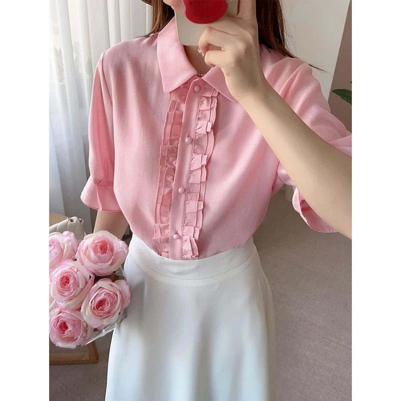 

Ele Lightweight Spring Summer irt for Women Comfortable Small Collar Earlet Sve Floral Lace Trim Loose Fit French Sle