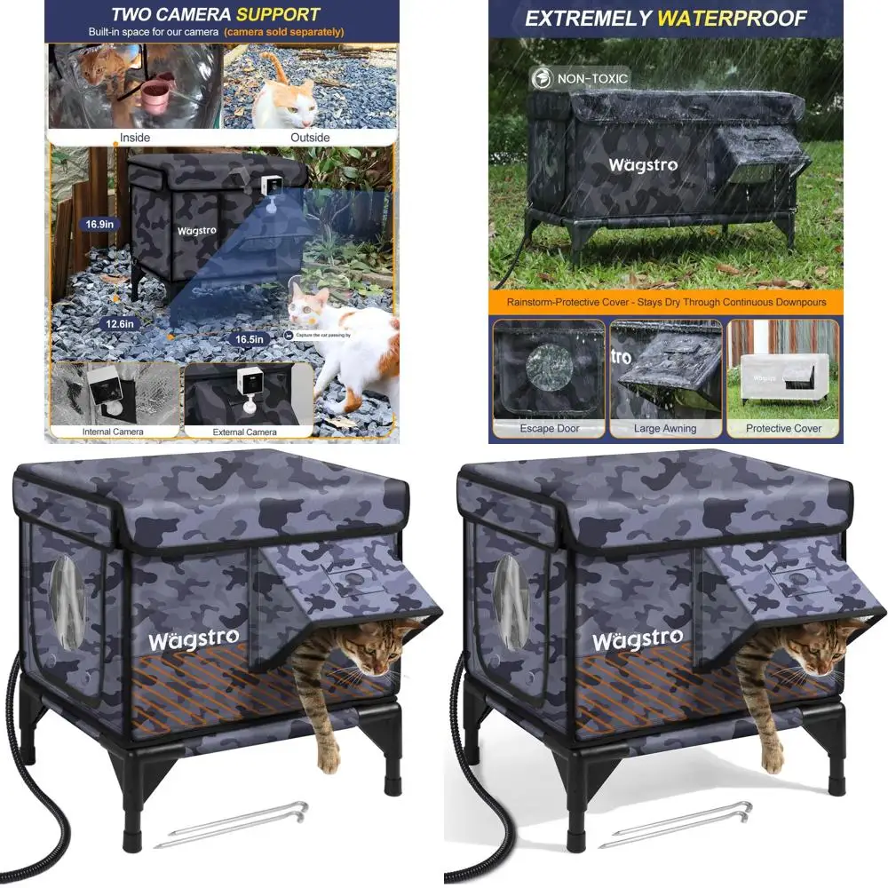 

Изолированное укрытие для кошек на открытом воздухе с водонепроницаемыми карнизами, дверью для побега и приподнятым основанием для ферльных кошек - черный камуфляж, 16,5x12,6x16,9