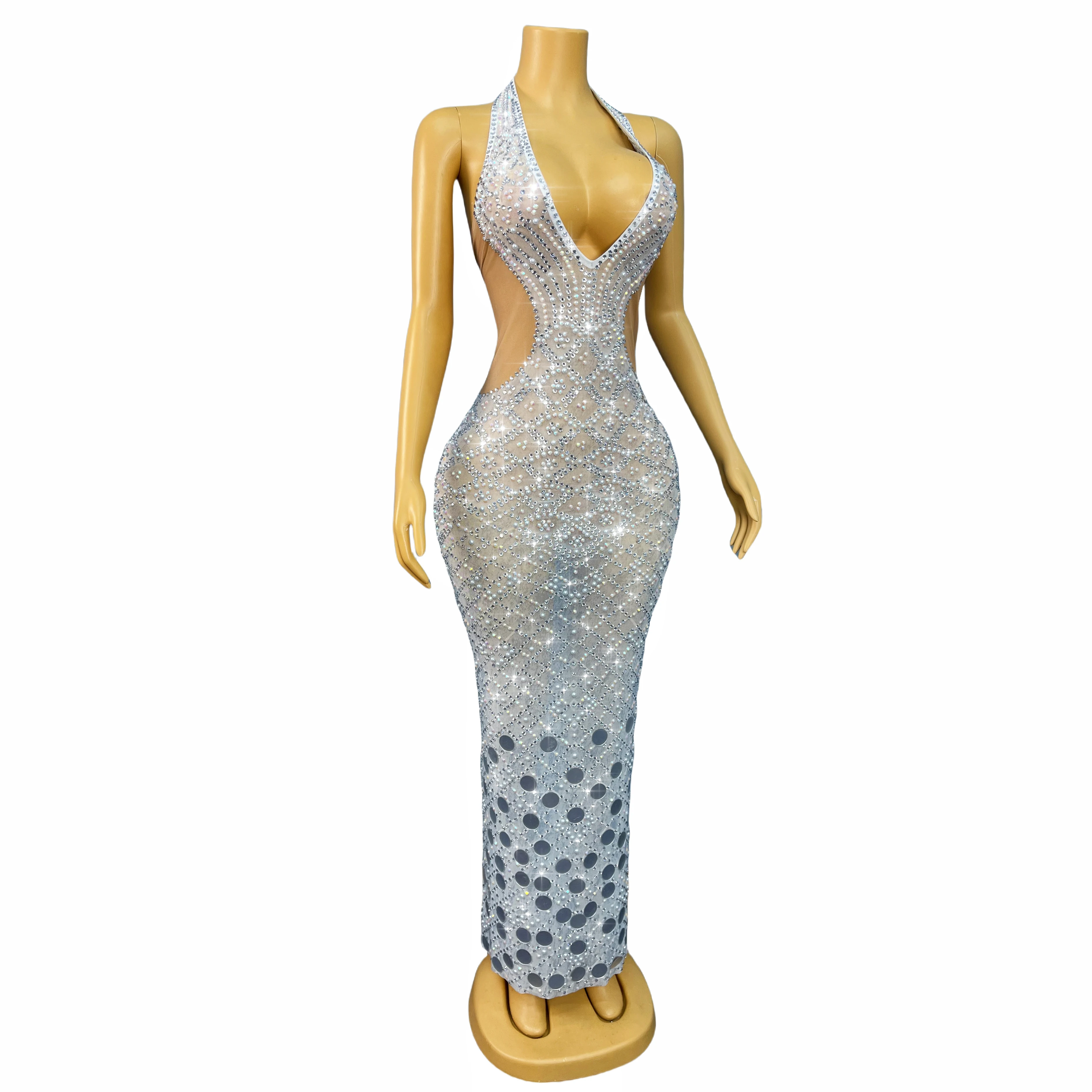 Novo brilhante strass sexy com decote em v vestido sem costas noite casamento elegante vestido de baile tapete vermelho roupa de palco langchaoqun