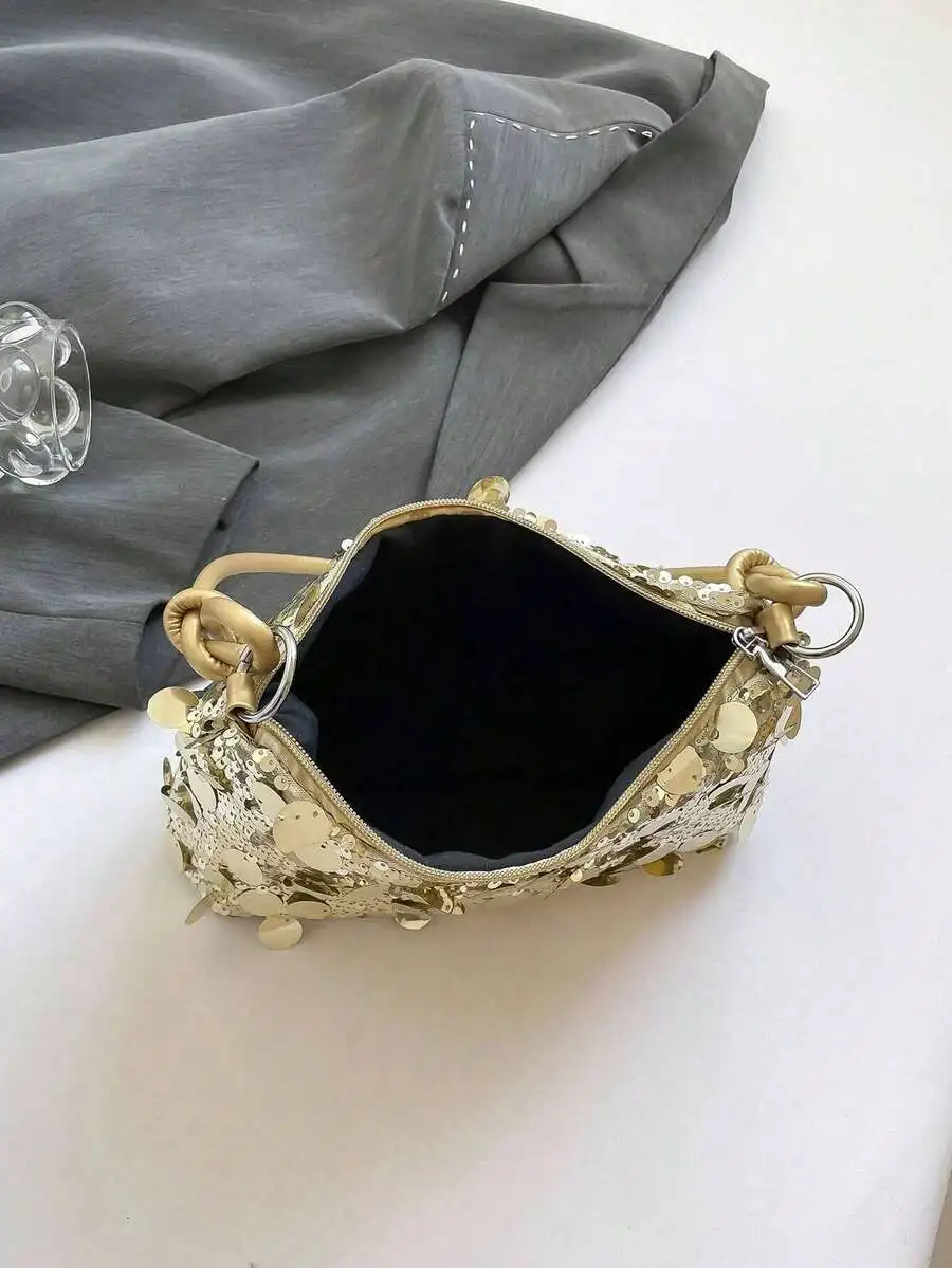 

Gold-Tone Sequined Crescent Moon PVC Shoulder Bag For Women Evening Party Clutch