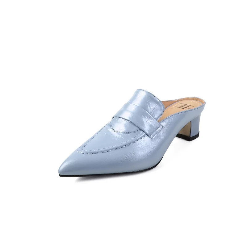 المرأة البغال النعال كعب مربع السيدات مغلق حذاء مزود بفتحة للأصابع جودة جلد طبيعي الانزلاق على مضخات الربيع البغال أشار تو #5