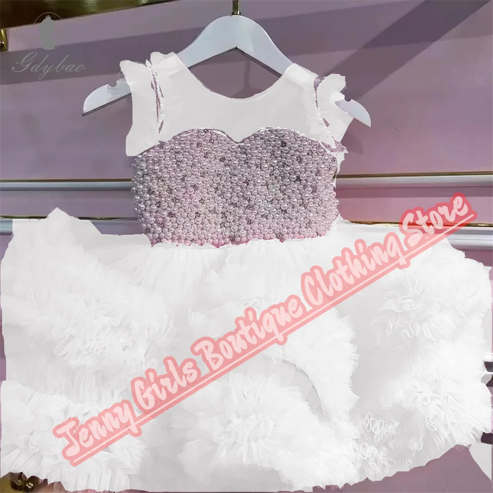 Abito da ragazza di fiori con scollo trasparente Abito da spettacolo per festa di compleanno per prima comunione a strati di perle bianche