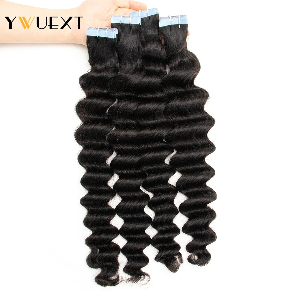 YWUEXT Deep Wave Tape In Hair Extensions 12" -26" Invisible Tape Human Hair Remy Real Human Hair For Women