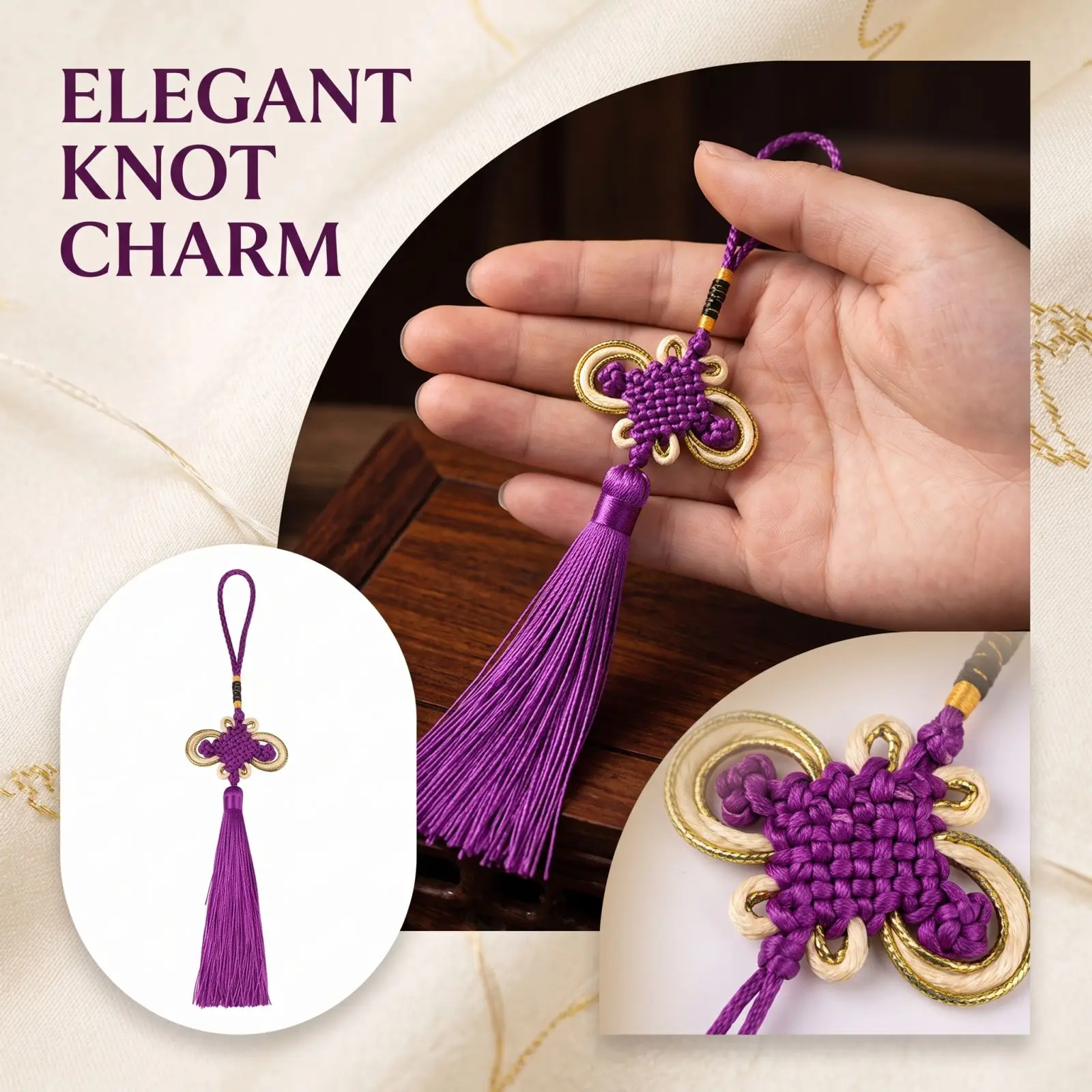 1 PC Handmade Purple Chinese Knot, Phnom Penh Wealth Knot, Fortune Tassels Silk Floss Tassel for Chinese New Year Gifts