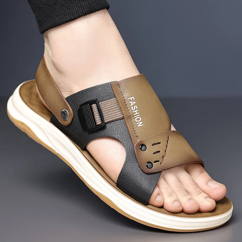 New Men Cow Leather Flip Flops Dual Use Driving Outdoor Mens Sandals Wearable for Beach Daily Casual Use Comfortable Man Shoes