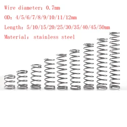 Mola de compressão micro pequena de aço inoxidável, 0.7mm, OD 4 5 6 7 8 9 10 11 12mm, comprimento 5mm a 50mm, 20 peças por lote