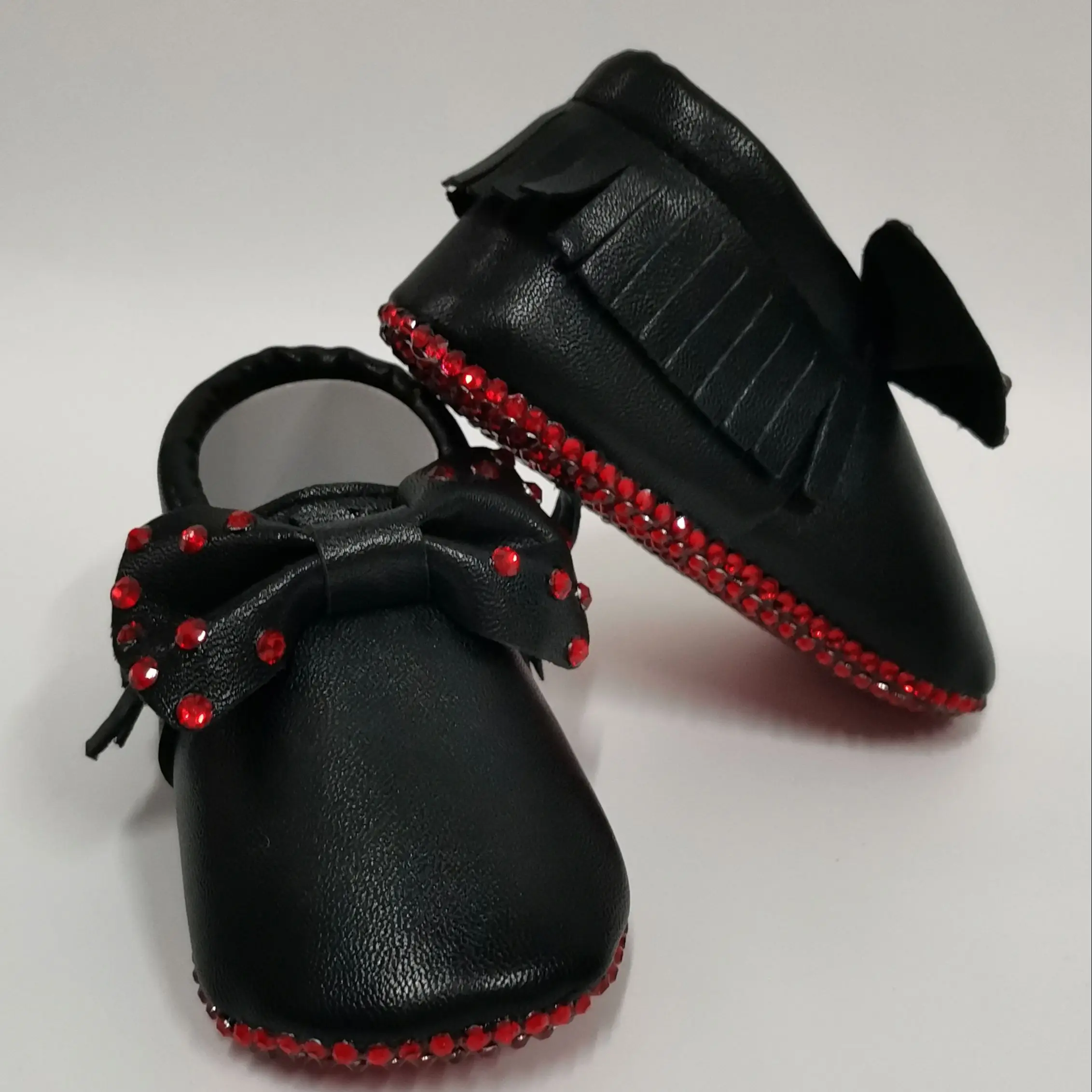 Dollbling Red Crystal Sole Sparkling Custom Rhinestones Leather Girls Ballet Dress Shoes for Toddler Bling Baby Moccasins