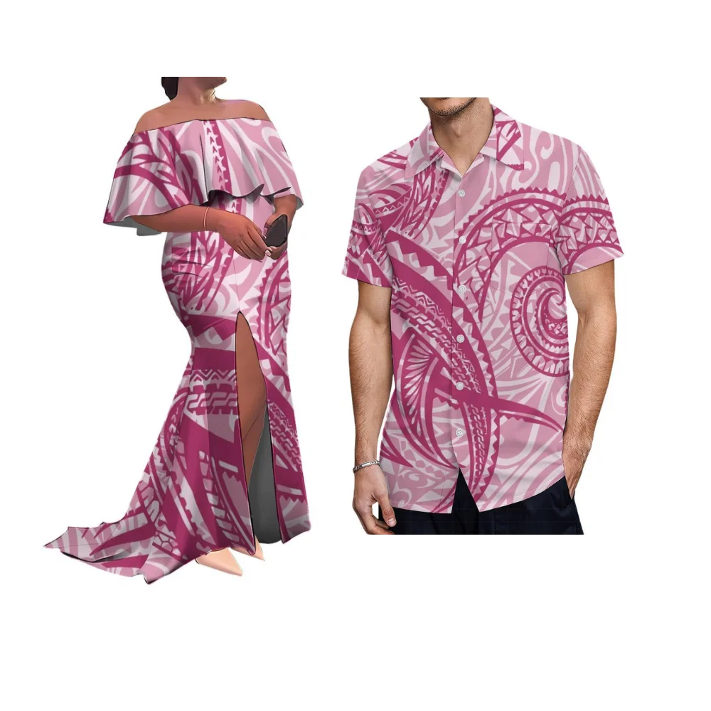 Polynesian High-Quality Summer Soft Fabric Couple'S Outfit Customized Pattern Off-Shoulder Slit Floor-Length Skirt For Ladies