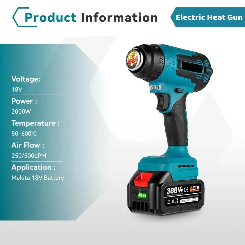 2000W Electric Heat Gun Compatible Makita 18V Battery Cordless Handheld Hot Air Gun with 3 Nozzles Industrial Home Hair Dryer